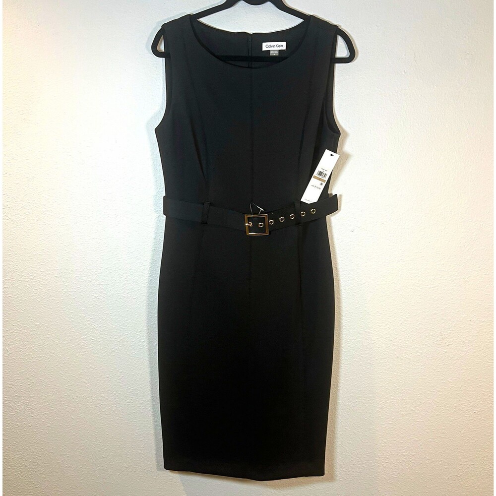 Calvin Klein Women's Sheath Dress Black Sleeveless Belted NWT Size 12